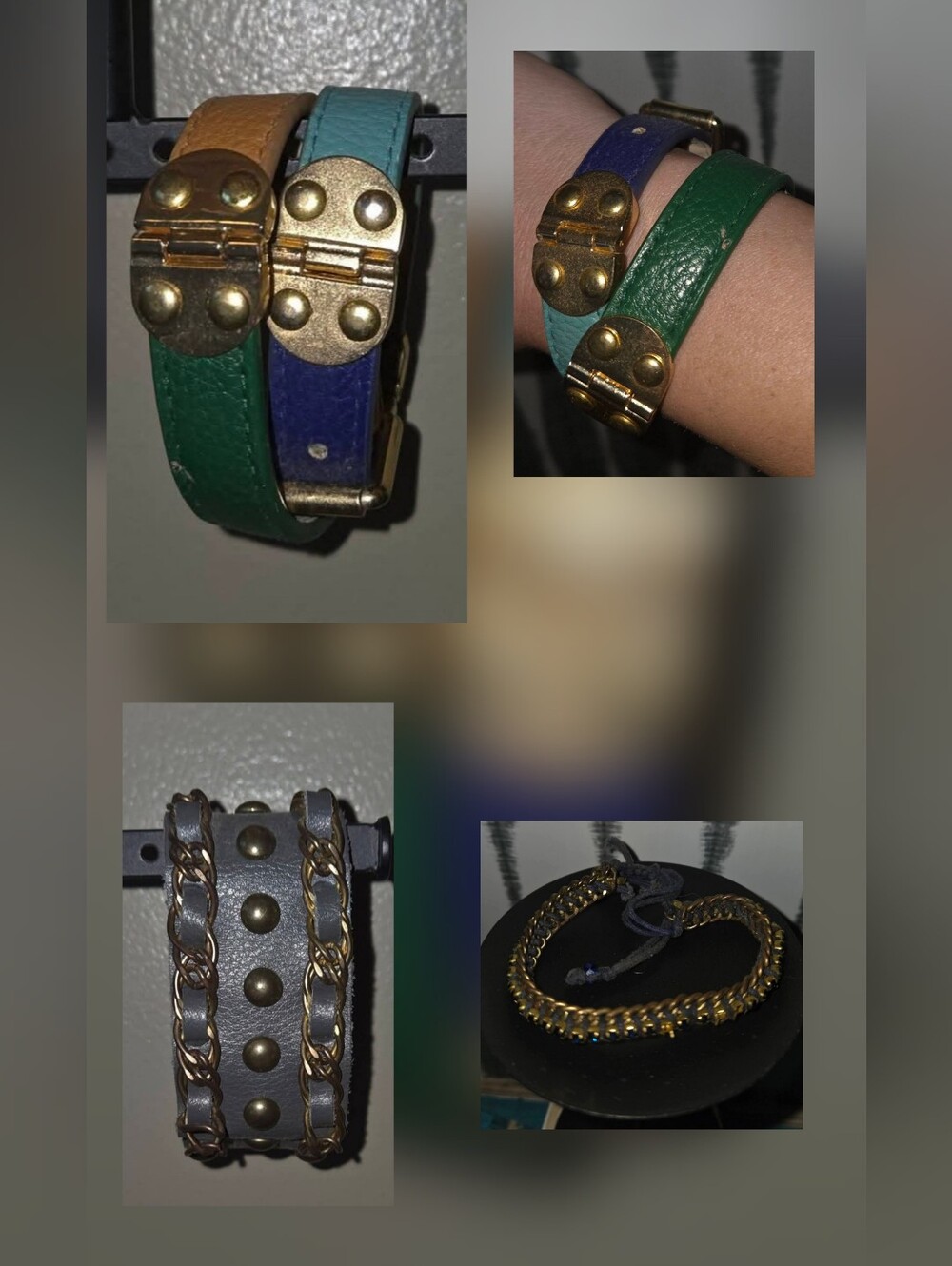 3 Boho Faux Leather Bracelets Wrap Cuff, Rhinestone Adjustable Bracelet